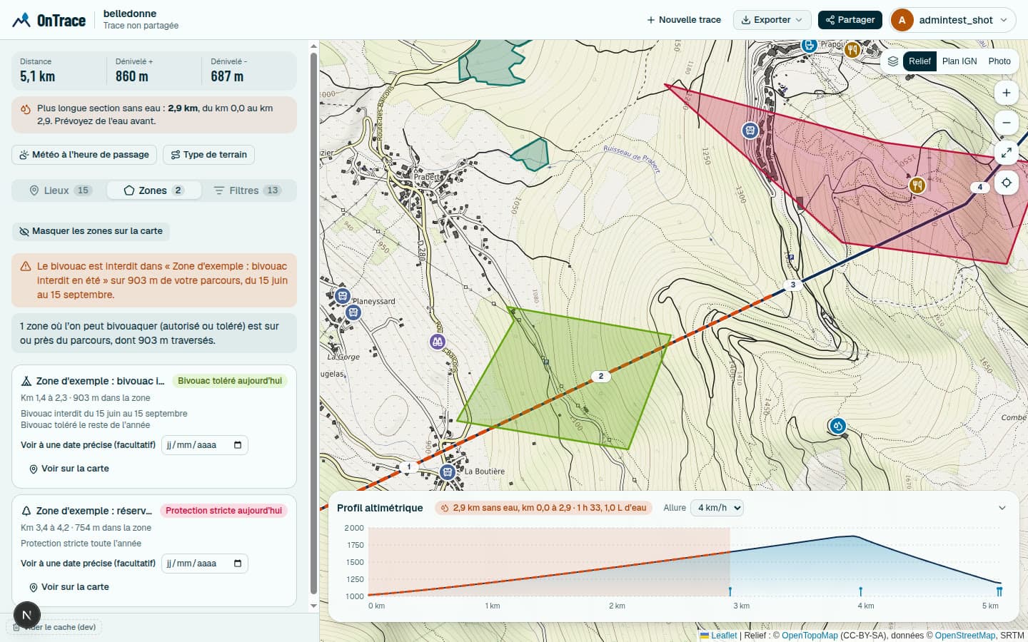 Capture d’OnTrace, des zones de bivouac dessinées sur la carte, en vert et en rouge.